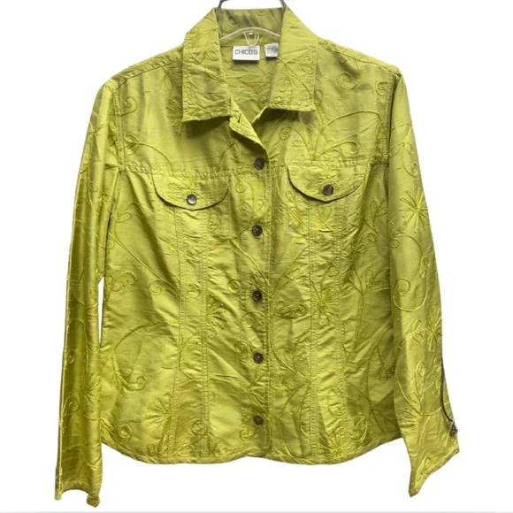 Chico's Green 100% Silk Embroidered Button Jacket Top Sz 1 (S) - Picture 1 of 5